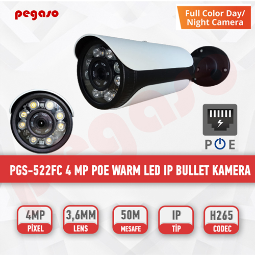 PEGASO PGS-522FC 4 MP FULL COLOR 3,6MM 8 WARM LED IP POE BULLET GÜVENLİK KAMERASI 