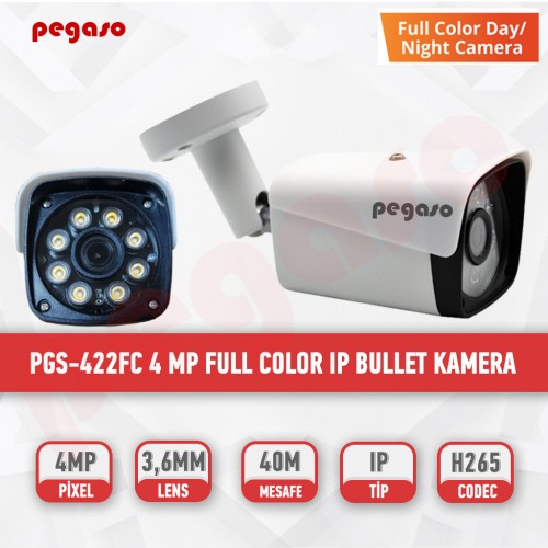 PEGASO PGS-422FC 4 MP FULL COLOR 3,6MM 8 WARM LED IP POE BULLET GÜVENLİK KAMERASI 