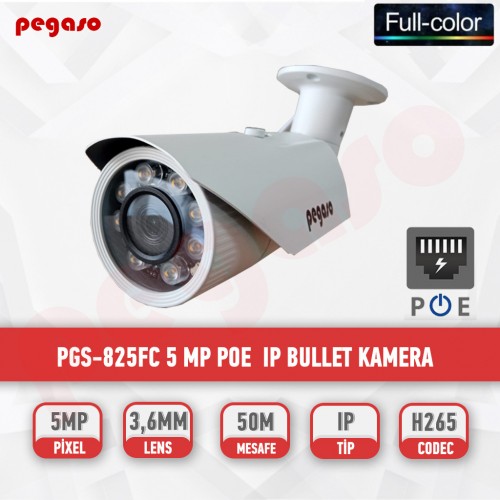 PEGASO PGS-825FC 5 MP FULL COLOR 3,6MM 8 WARM LED IP POE BULLET GÜVENLİK KAMERASI 